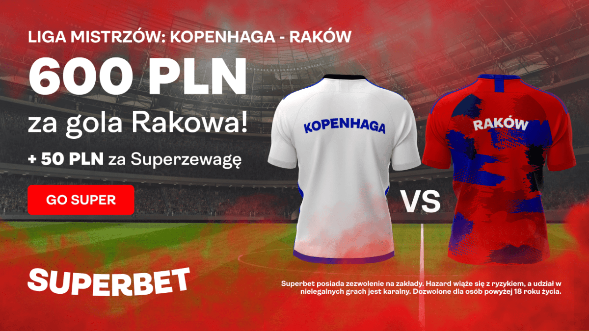 Obrazek newsa : Superbet bonus: Bonus 600 PLN za wygrany zakład na gola Rakowa + 50 PLN za Superprzewagę